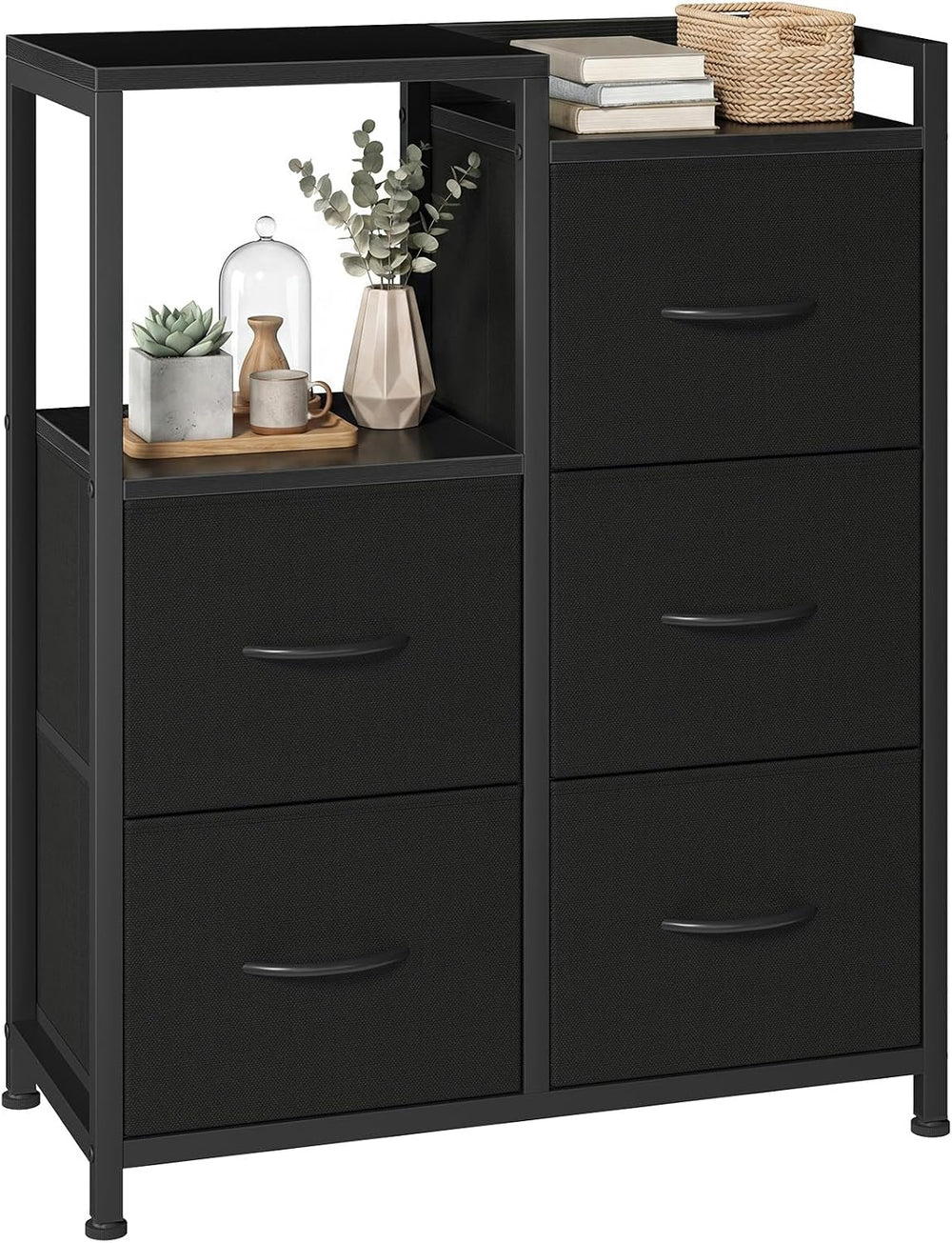 OLIXIS Fabric Dresser, 5 Drawer Storage Tower with Open Shelf, Black