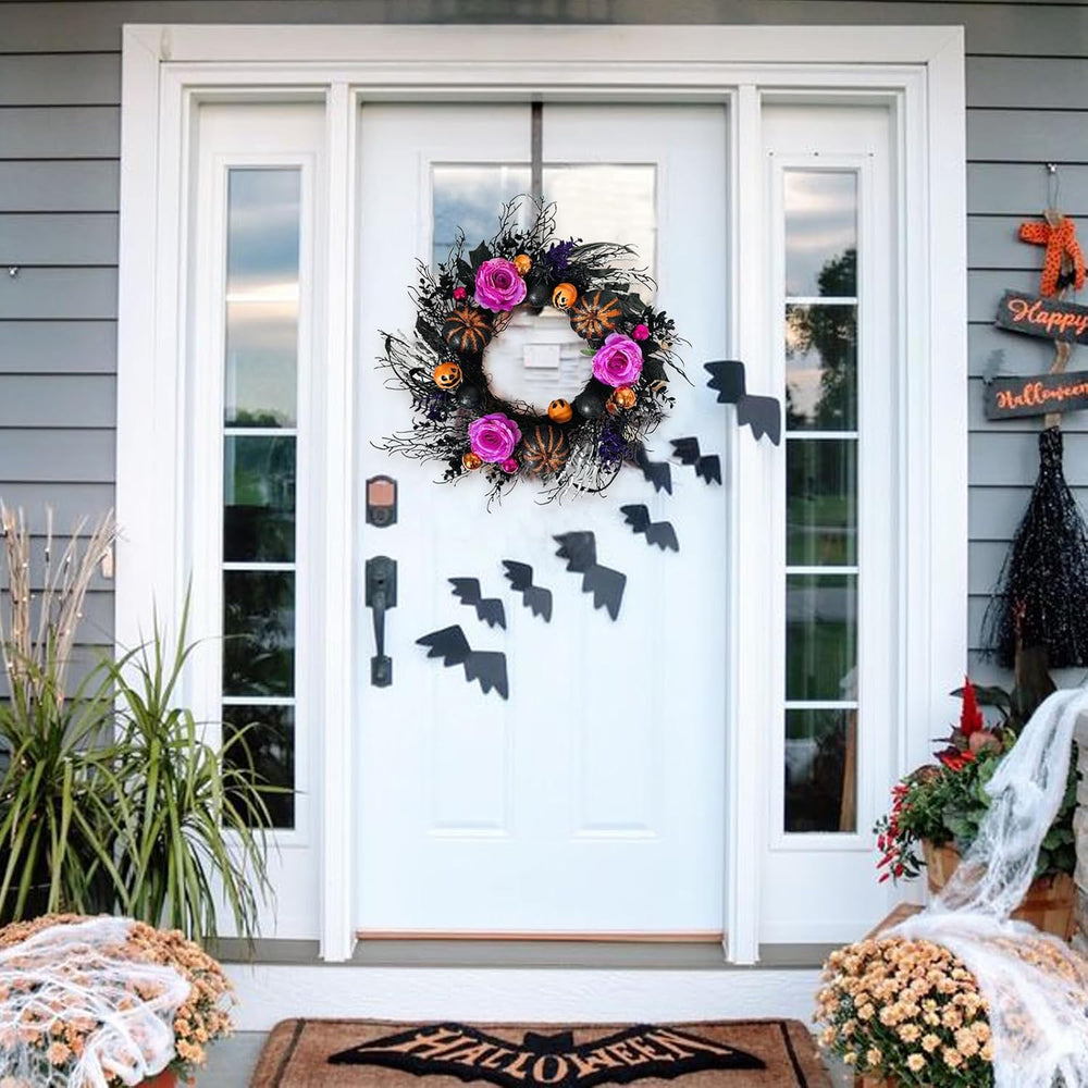 22 Inch Halloween Wreaths for Front Door Artificial Black Welcome Wreath with...