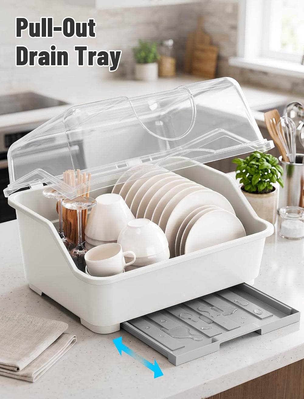 Tomorotec Plastic Dish Drying Rack & Drain Board with Lid Cover Light White