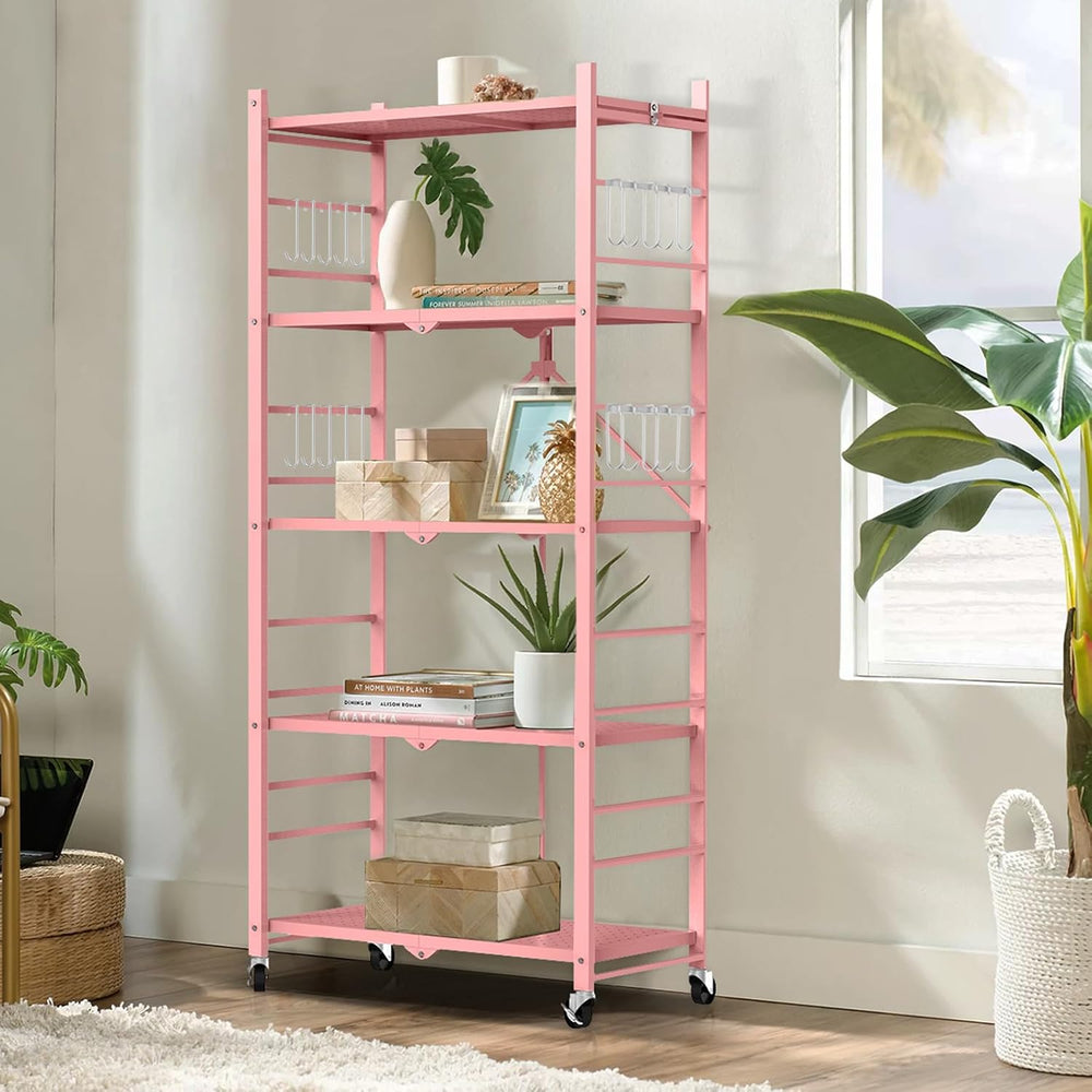 5-Tier Folding Storage Shelves with 20 Hooks Wheels Home Pink