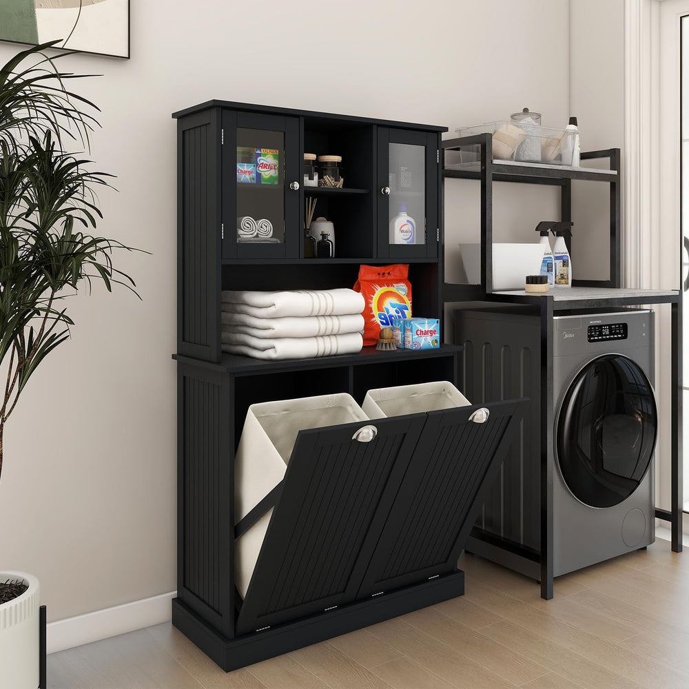Tall Tilt Out Laundry Hamper Cabinet with 2 Removable Baskets, Laundry Room C...