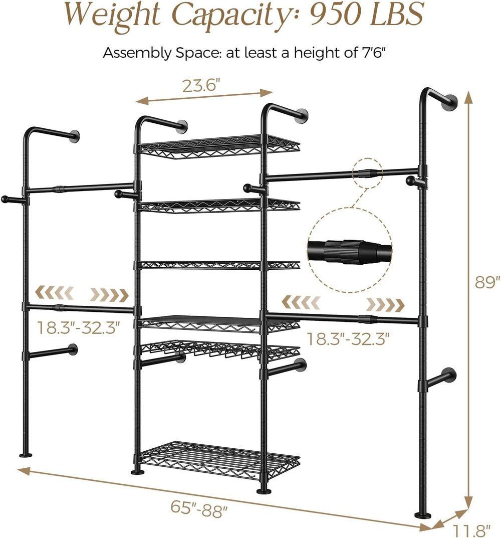 Closet Organizers Wall Mounted Closet System, 3-Row Heavy Duty Garment Clothe...