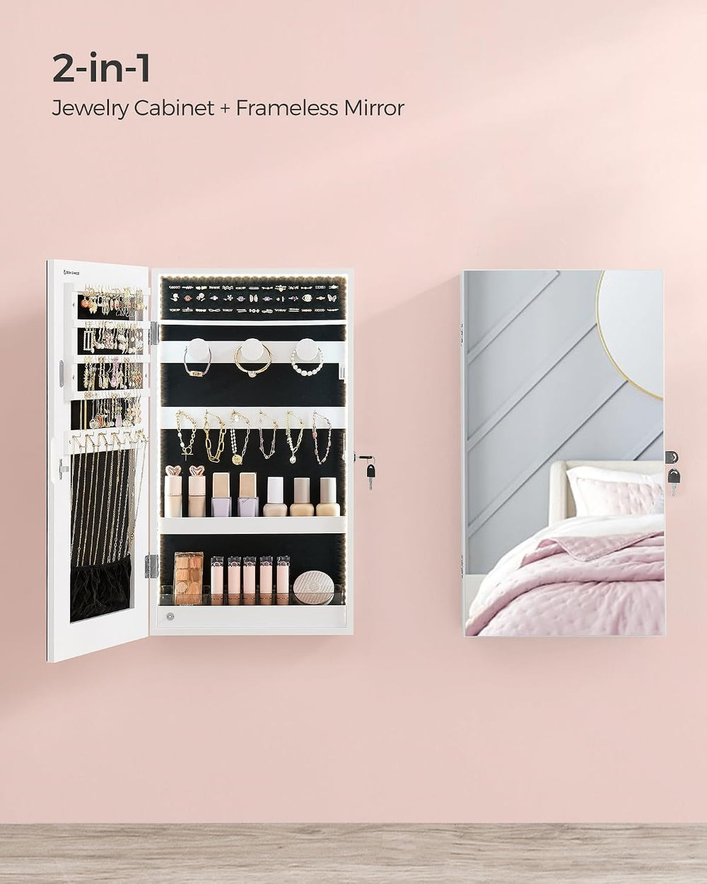 SONGMICS Lockable Jewelry Cabinet Armoire with Mirror, Wall-Mounted