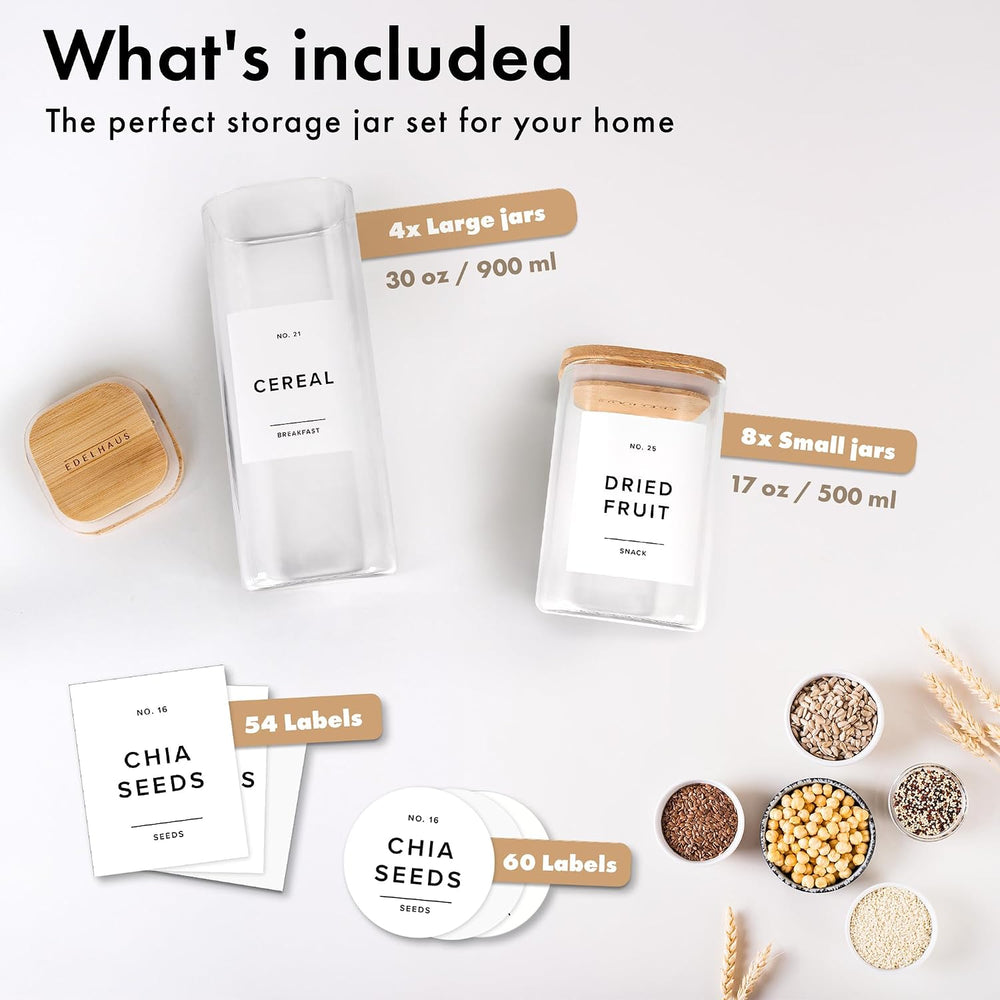 Glass Pantry Storage Jars Containers with Bamboo Lids and Labels