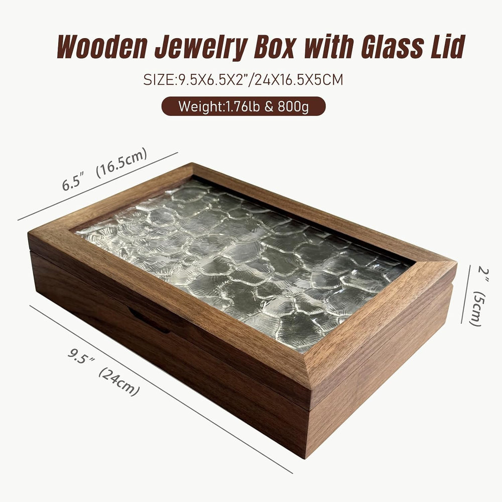 Wooden Jewelry Box with Glass Lid, Multi-Compartment Jewelry Display Case, Li...