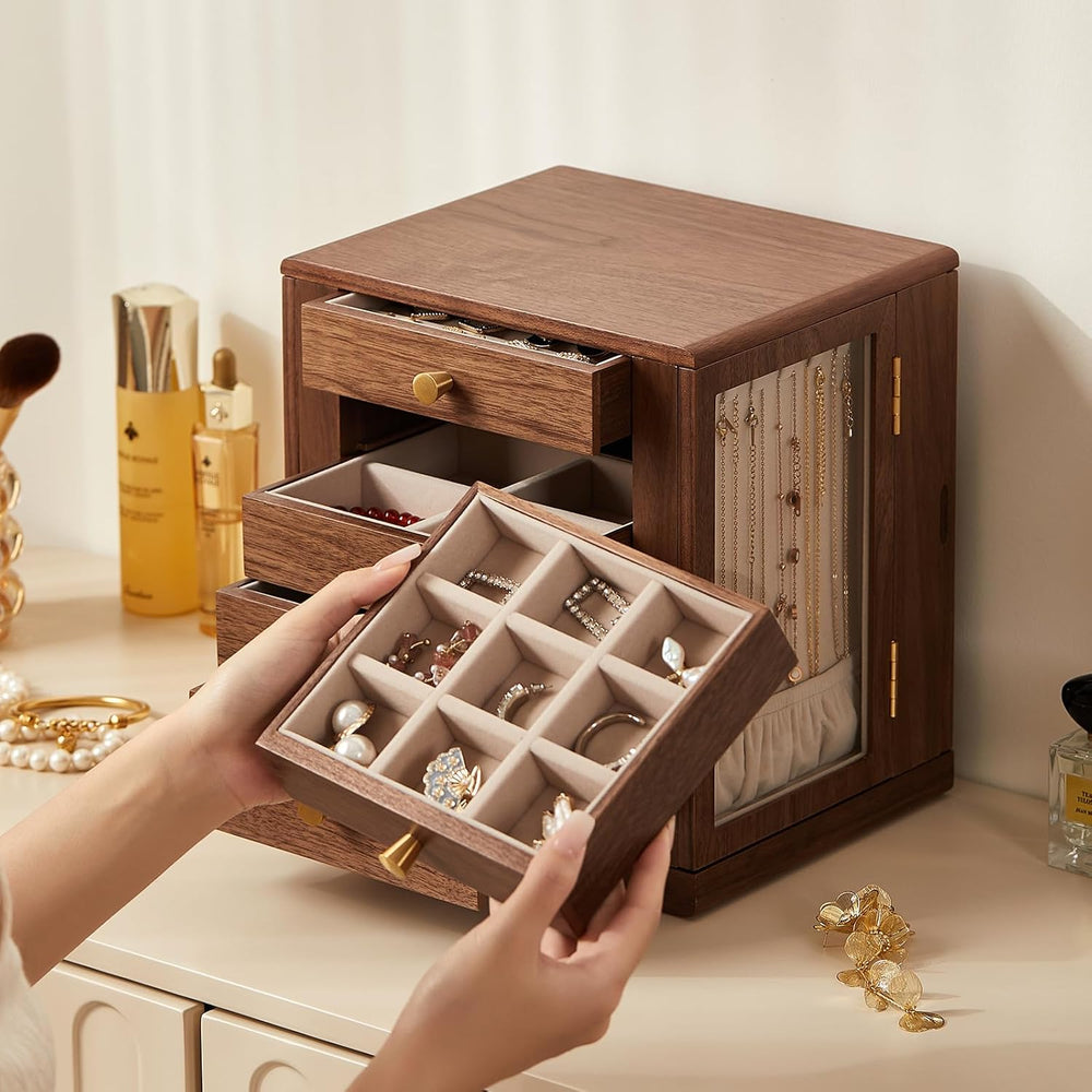 Rotating Black Walnut Wooden Jewelry Box for Women, 5 Layer