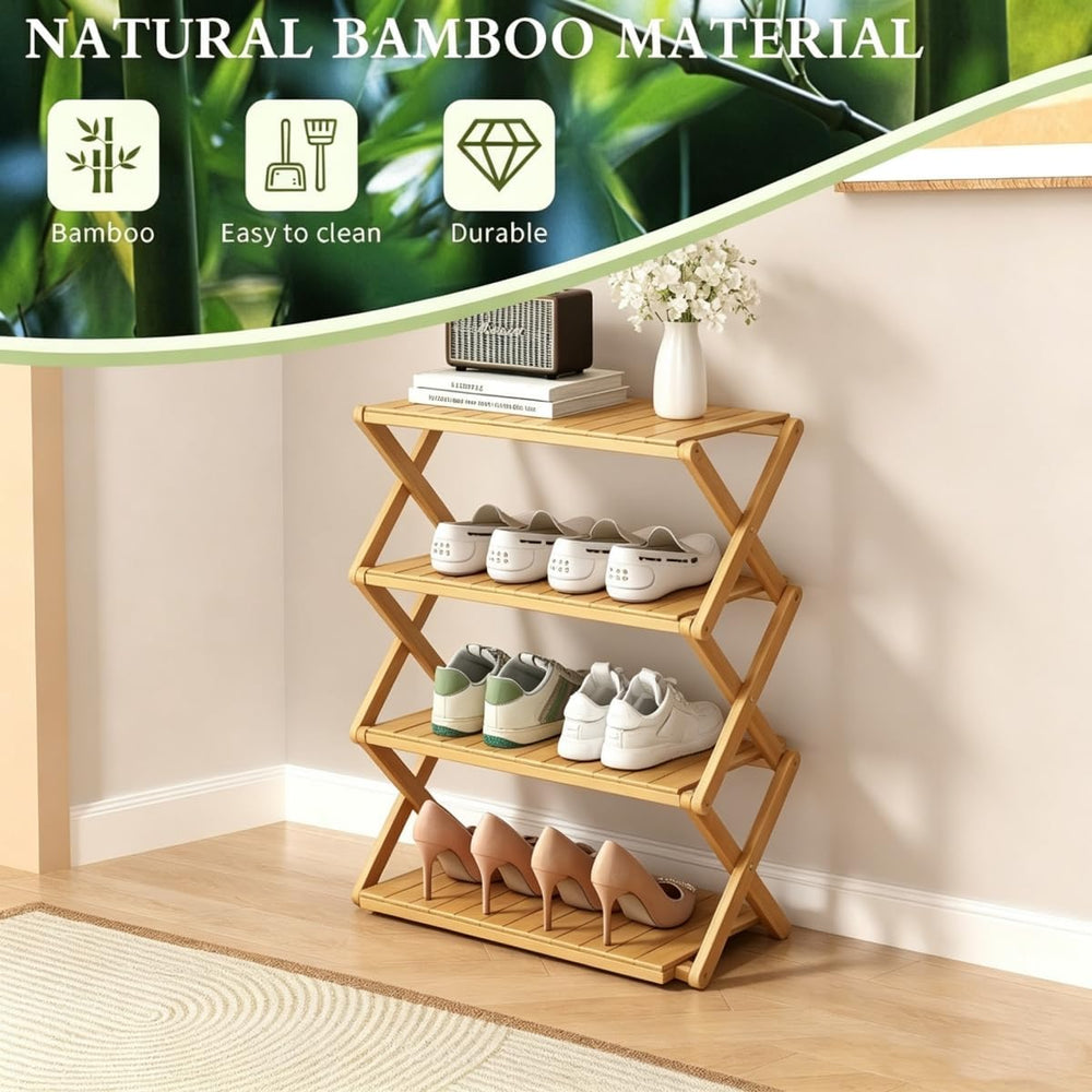 3 Tier Foldable Shoe Rack, No-Assembly Bamboo Shoe Organizer Multifunctional ...