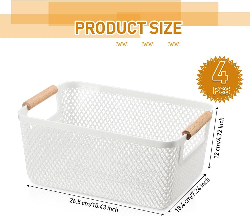 Tioncy 4 Pcs White Mesh Baskets with Wooden Handles Plastic Storage Organizer...