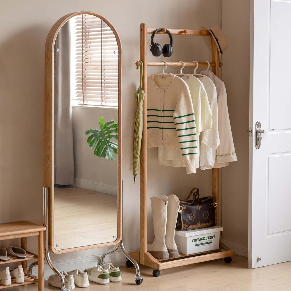 Solid Wood Clothes Rack, Rolling Garment Rack with Wheels & Shelves Stora...