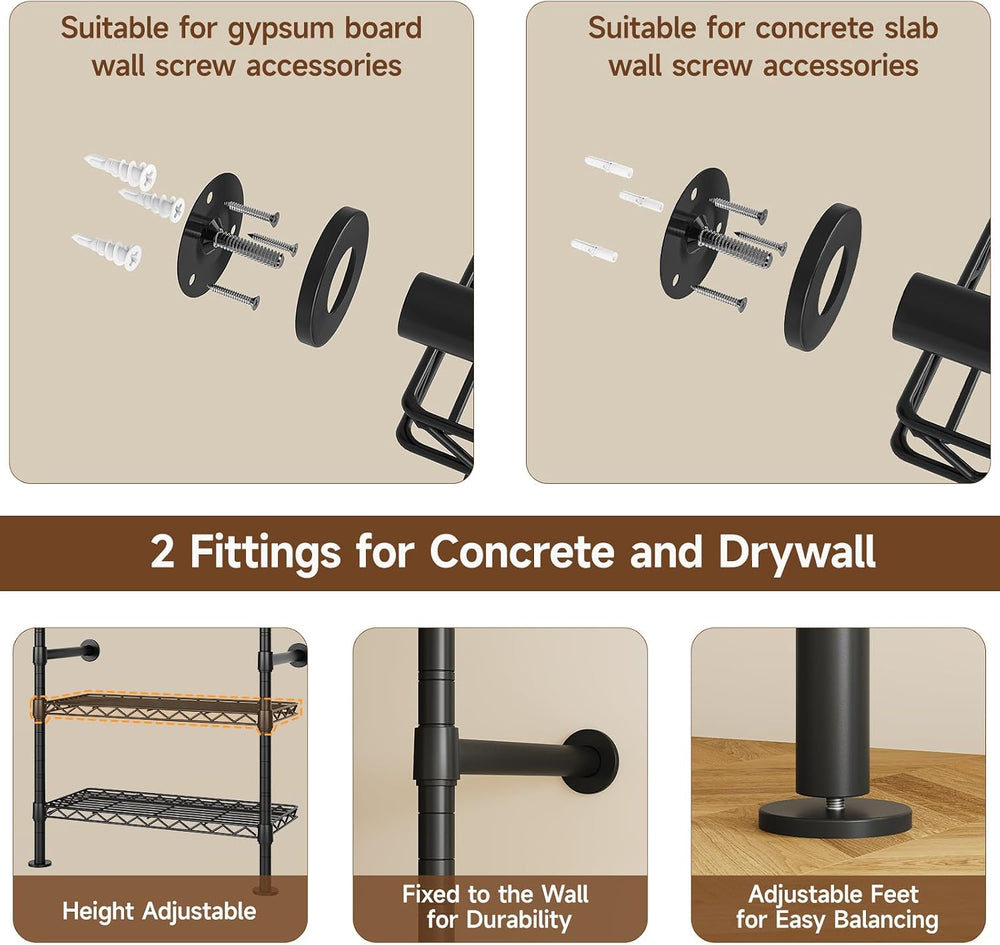 H2 Wall Mounted Clothing Rack, Expandable Industrial Pipe Clothes Rack Garmen...