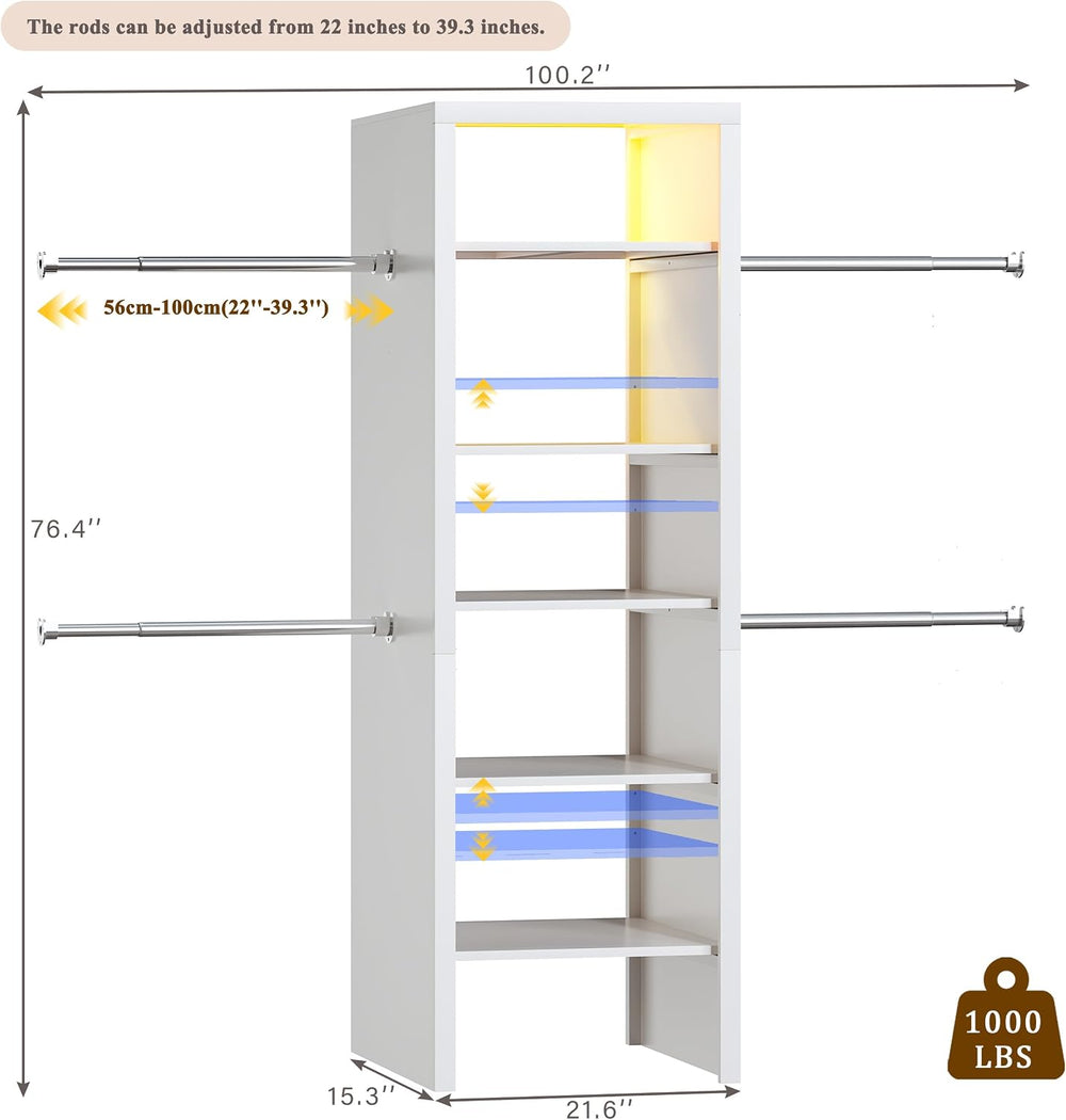 100'' Closet System with 4 Hanging Rods & LED Lights, 2-8 FT Wood...