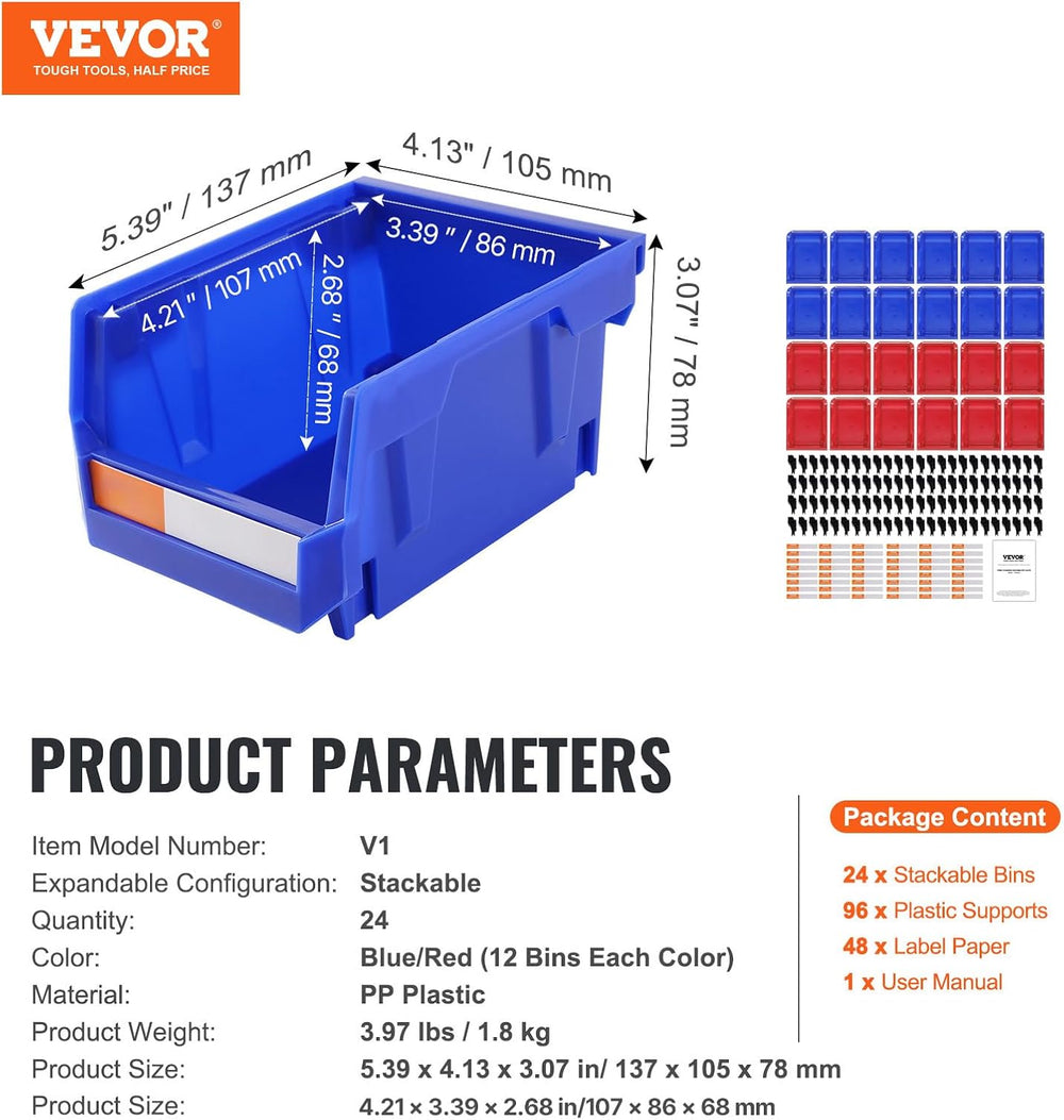 VEVOR Plastic Storage Bins 24 Pack (5 x 4 x 3-Inch), Hanging Stackable Storag...