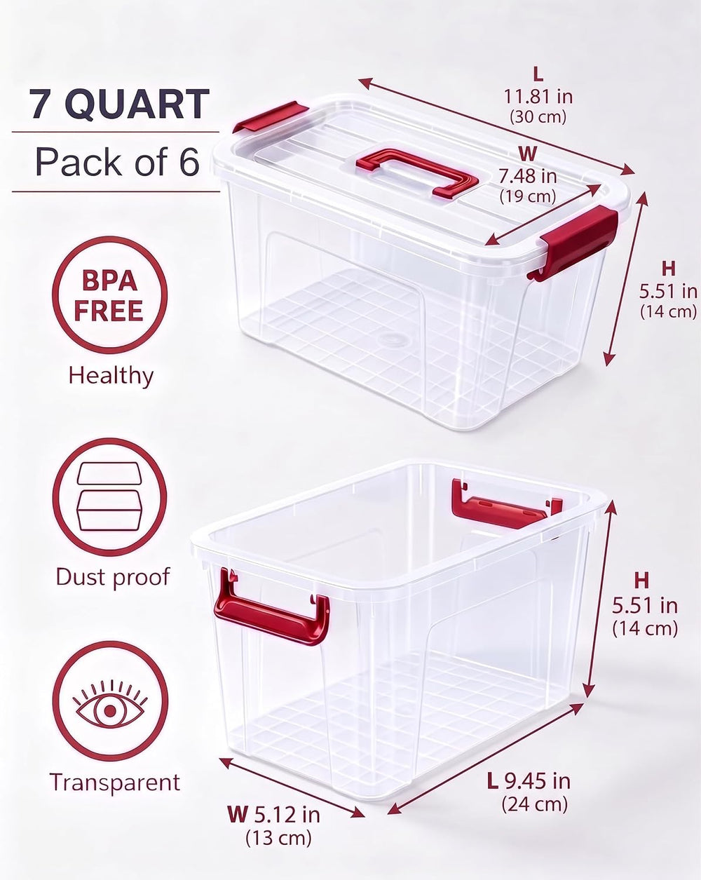 6 Pack Clear Plastic Storage Containers with Lids,Transparent Design,7Qt