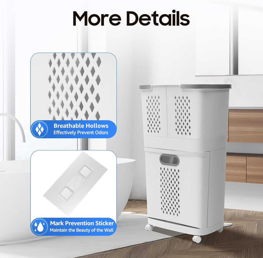 2 Tier Plastic Laundry Hamper, Removable Household Bathroom Clothes Storage B...