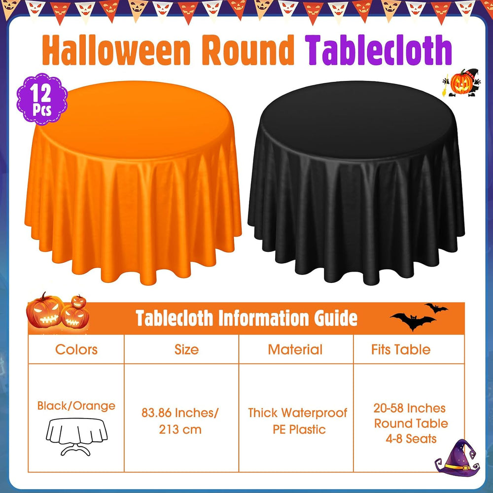 Buryeah12 Pcs 84 Inch Halloween Round Plastic Tablecloths, Black and Orange