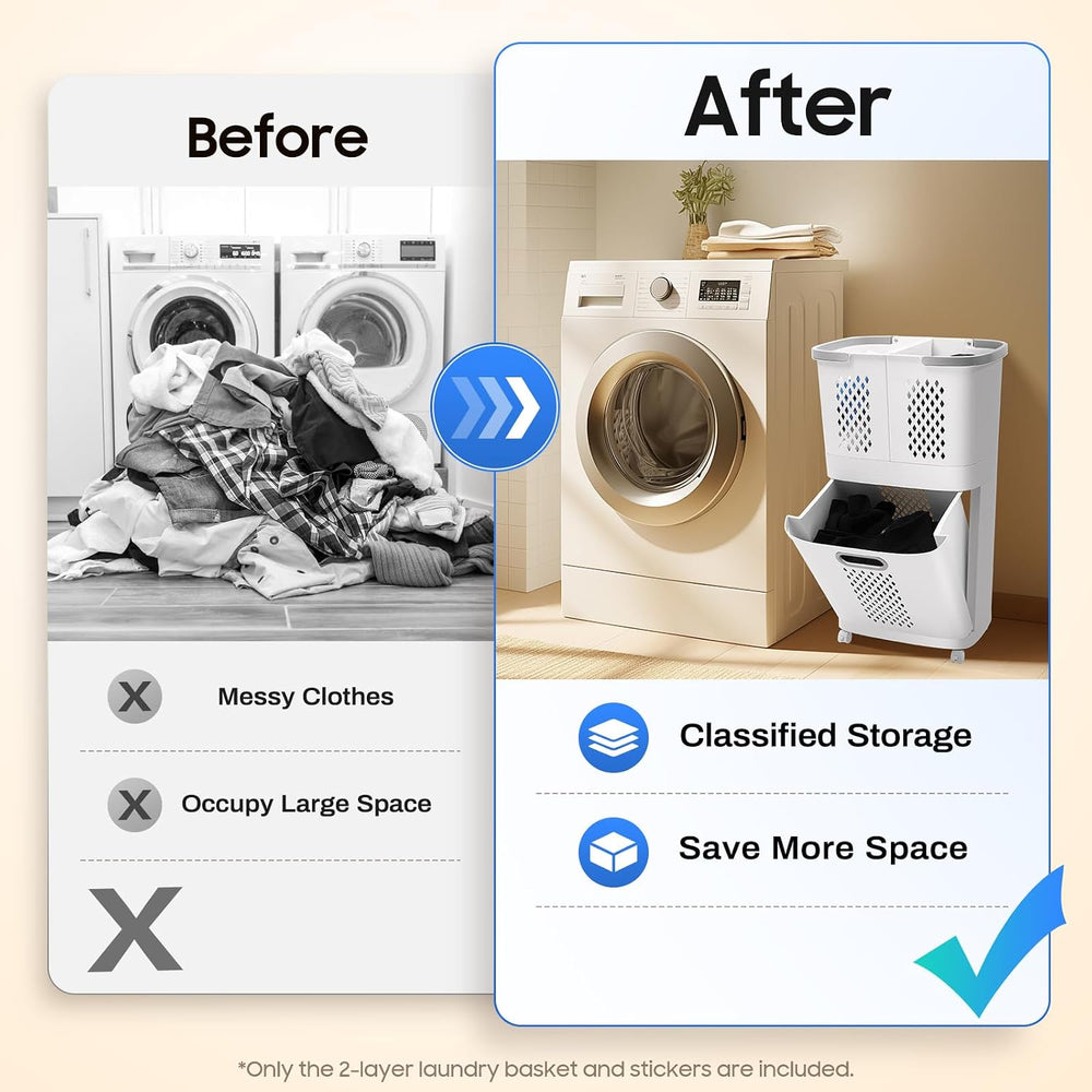 2 Tier Plastic Laundry Hamper, Removable Household Bathroom Clothes Storage B...