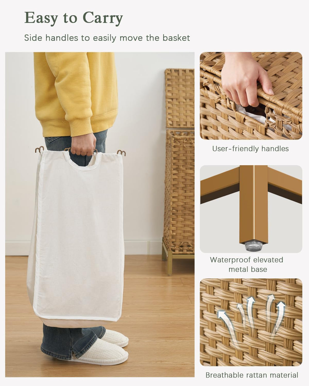 Laundry Hamper with Lid, 112 L Handwoven Rattan Wicker Laundry Basket, 2 Remo...