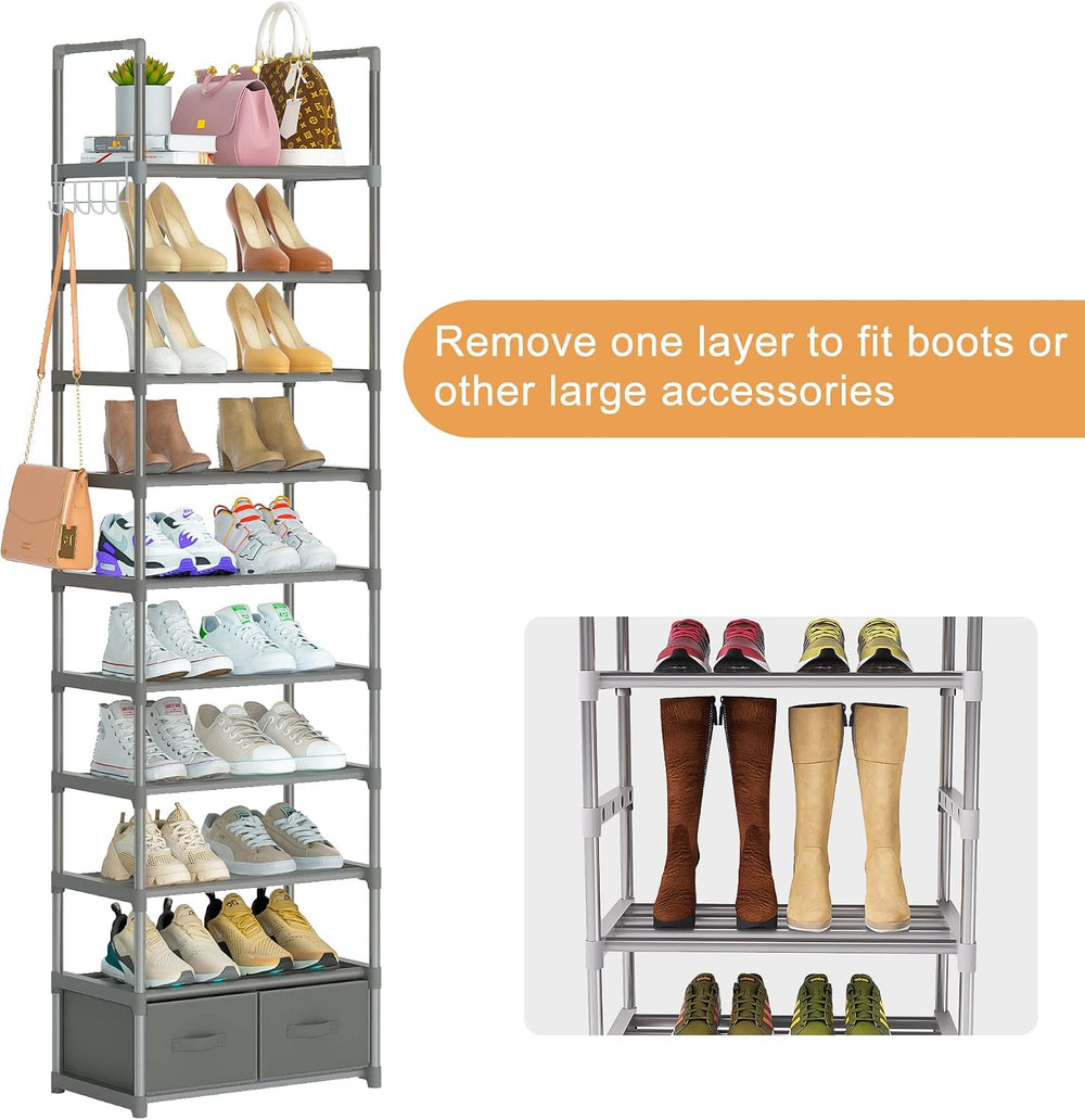 OYREL Tall Shoe Rack Narrow 10 Tier Shoes Rack 20 25 Pairs + 2 Boxes 1 Hook