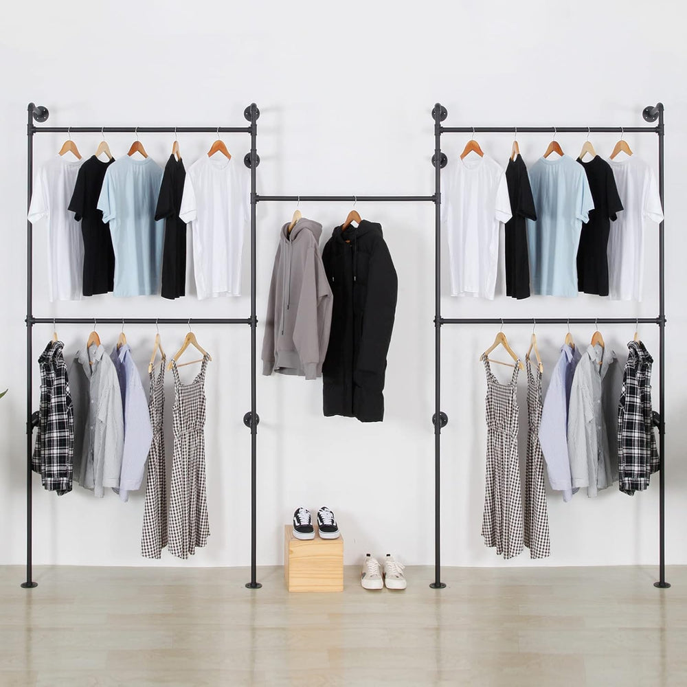 Industrial Pipe Clothes Rack, Heavy Duty Detachable Wall Mounted Black Iron G...