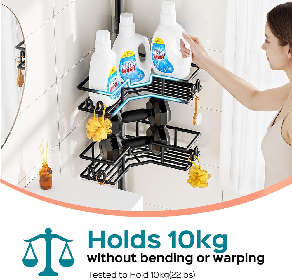 HAMITOR Corner Shower Caddy Tension Pole: 4-Tier Adjustable Shelf Black