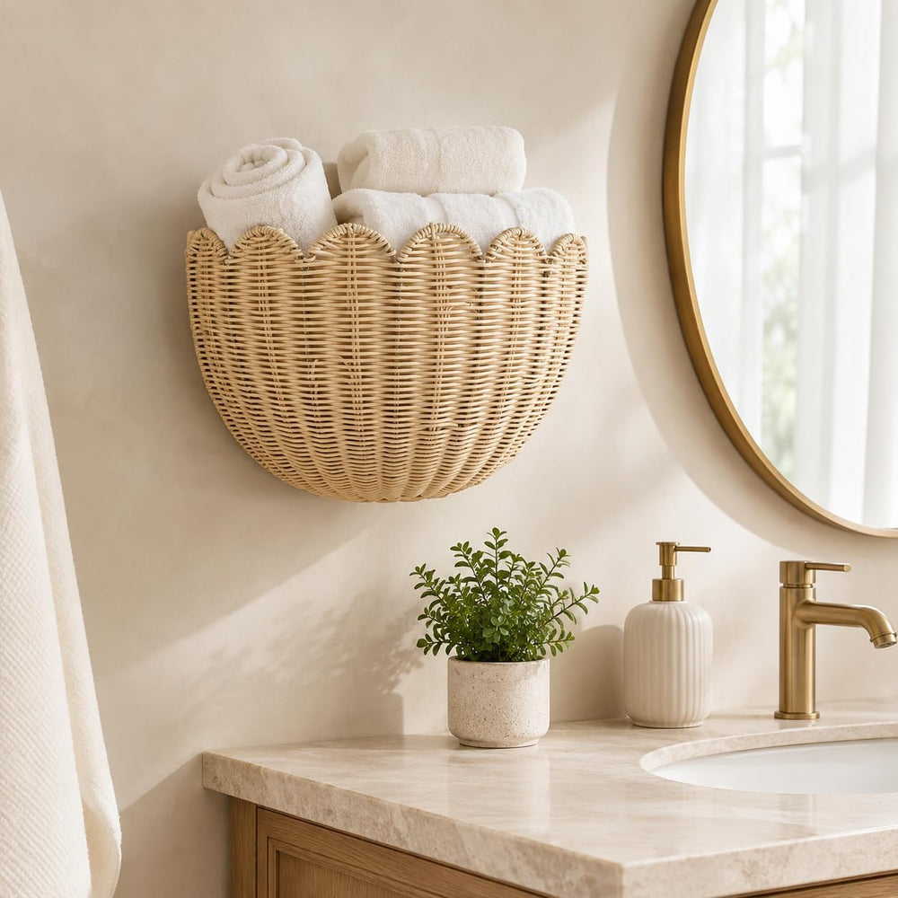 Set of 2 Scalloped Hanging Wicker Baskets for Wall, Scalloped Home Decor, Han...