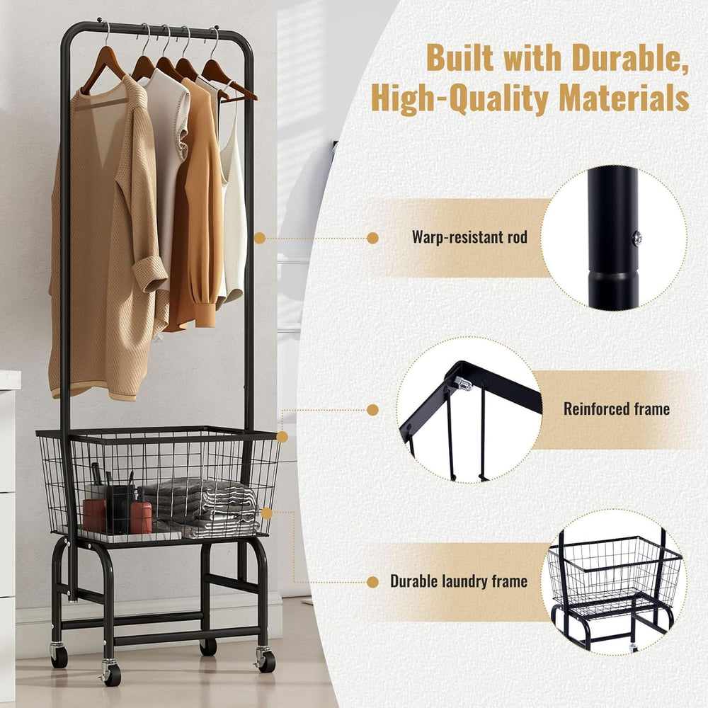 ALIMORDEN Rolling Laundry Cart with Hanging Rack & Metal Basket, Black