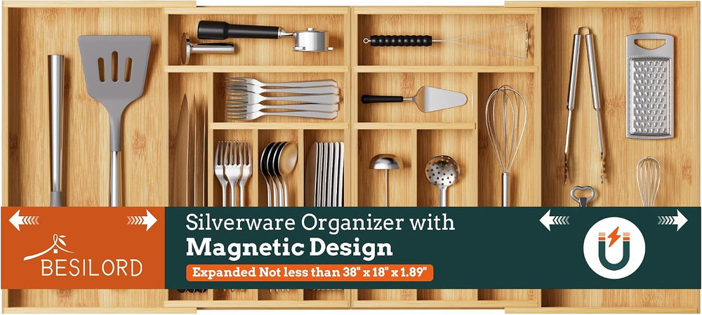 Silverware Organizer Large, Magnetic Connected Expandable 13 Slots Silverware...