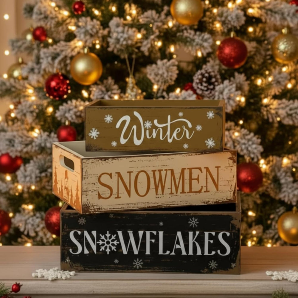 3 Pcs Christmas Wooden Crate Beige Snowman Snowflakes Holiday Box