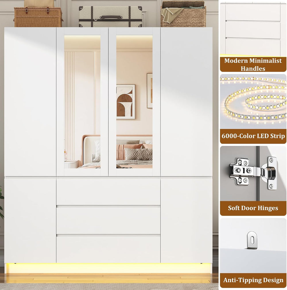 4 Doors Armoire Wooden Wardrobe Closet with 3 Drawers & 2 Mirror, 75&quot...