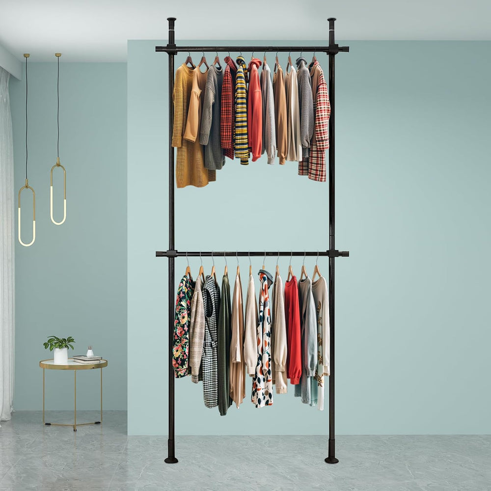 Heavy-Duty Floor to Ceiling Drying Rack, 2-Tier Double Rod Clothing Organizer...