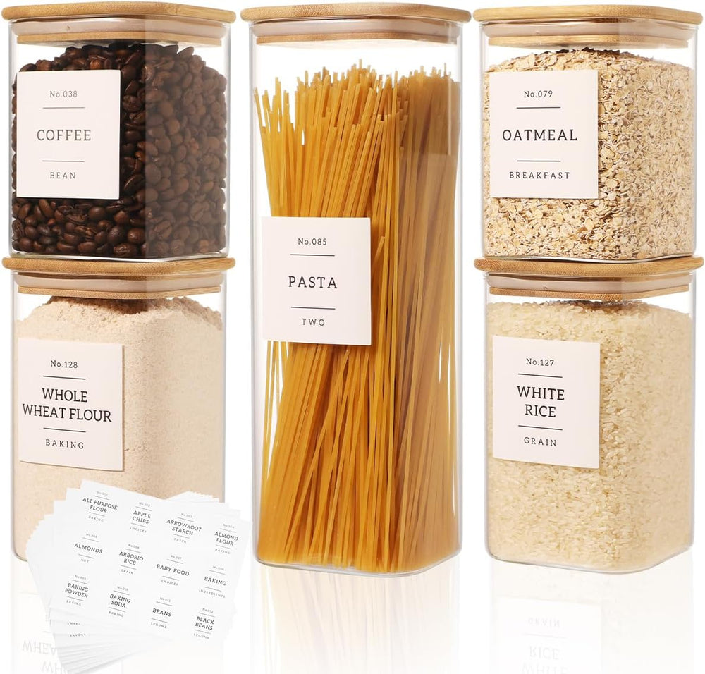 5 Pack Square Glass Pantry Storage Containers with 132 Kitchen Food Pantry La...