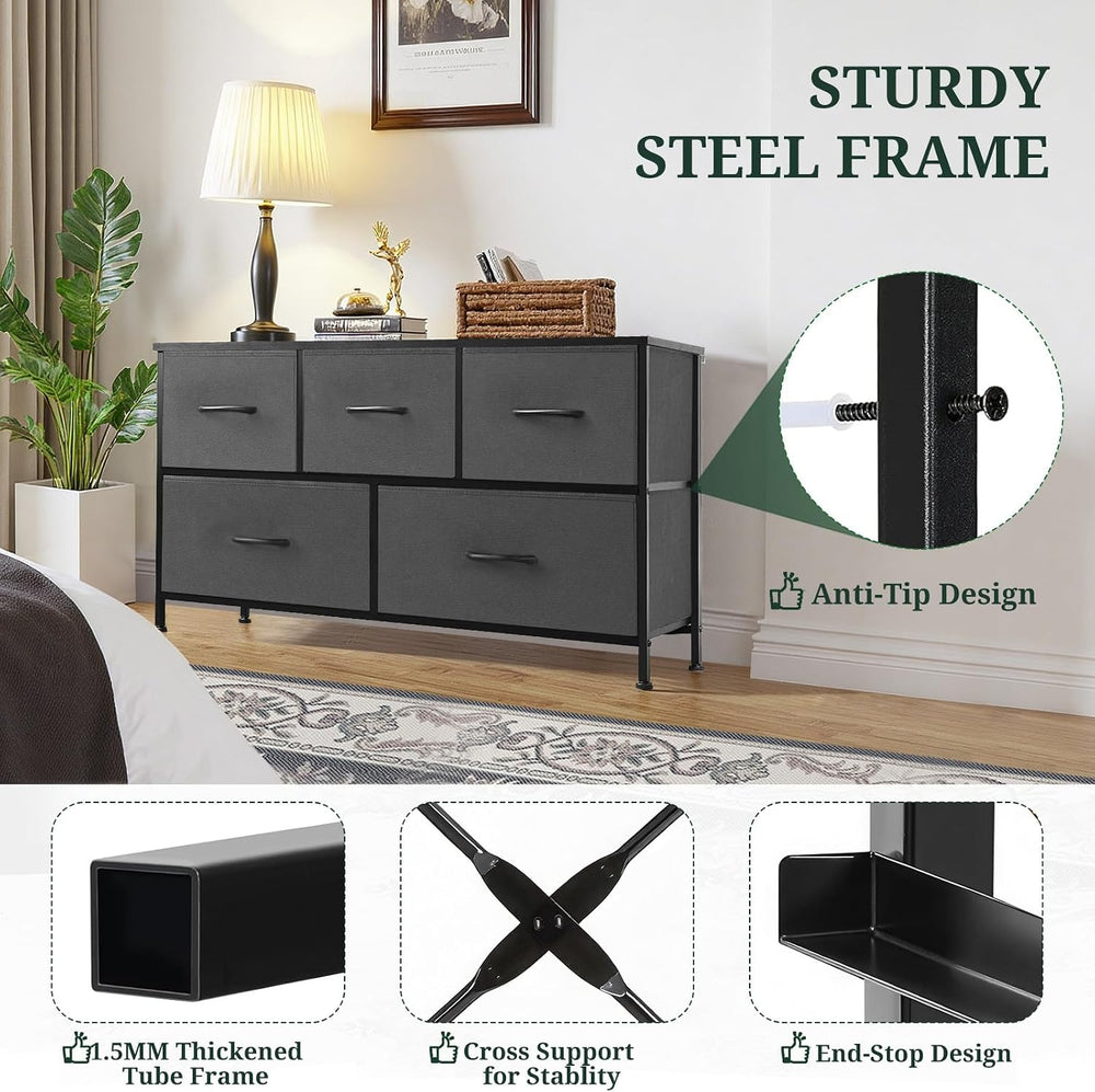 5-Drawer Dresser for Bedroom, Anti-Tip Wide Storage Organizer Fabric