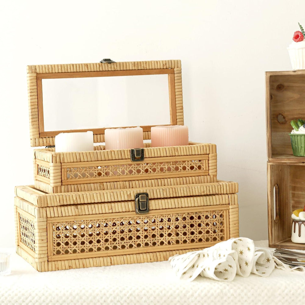 DECOR4SEASON Rattan and Cane Stacking Boxes with Glass Top Lid - Set of 2 for...