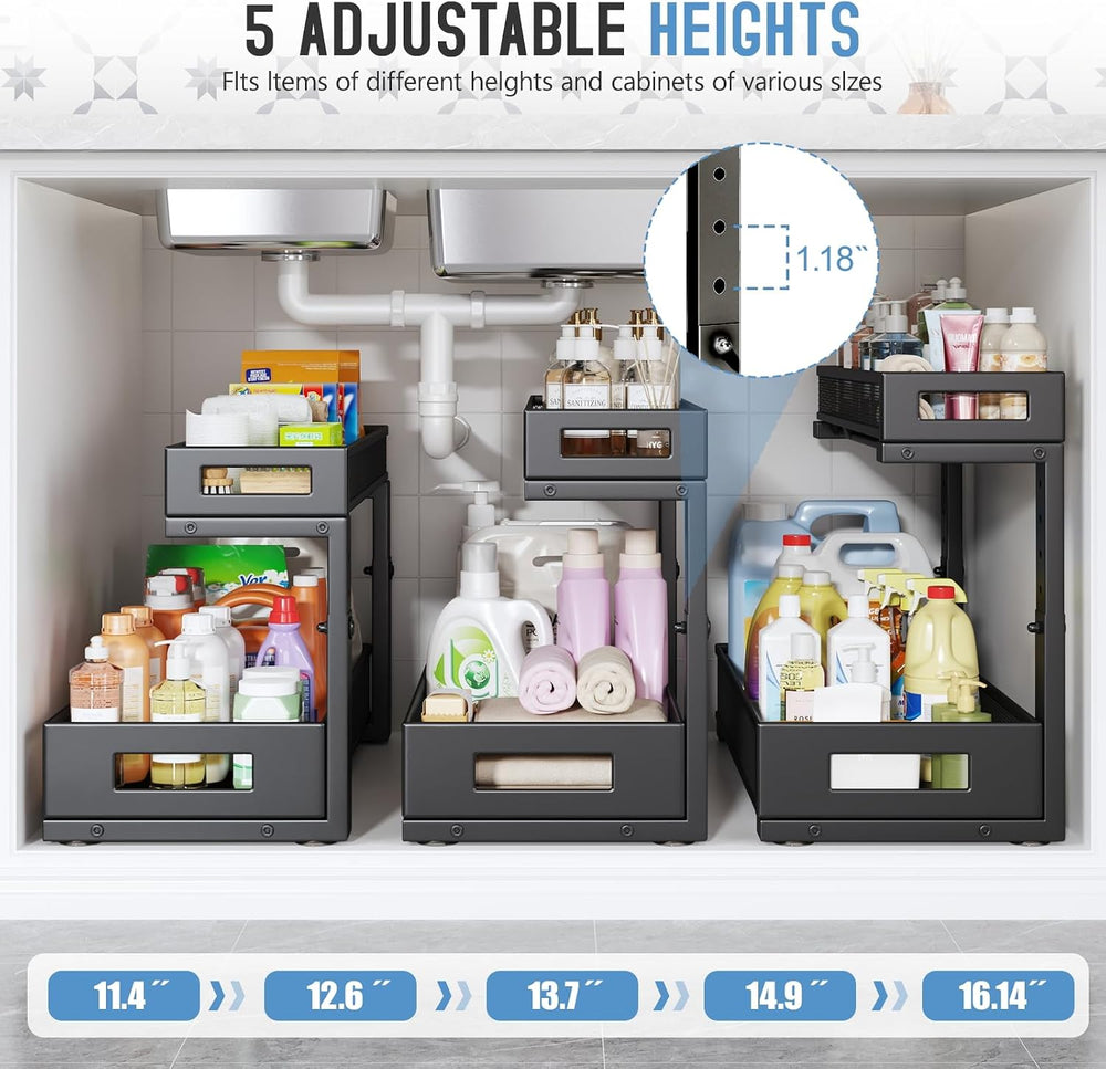 2 Pack 19IN Depth Under Sink Storage Organizer, Large 2-Tier Elegant Mesh Pul...