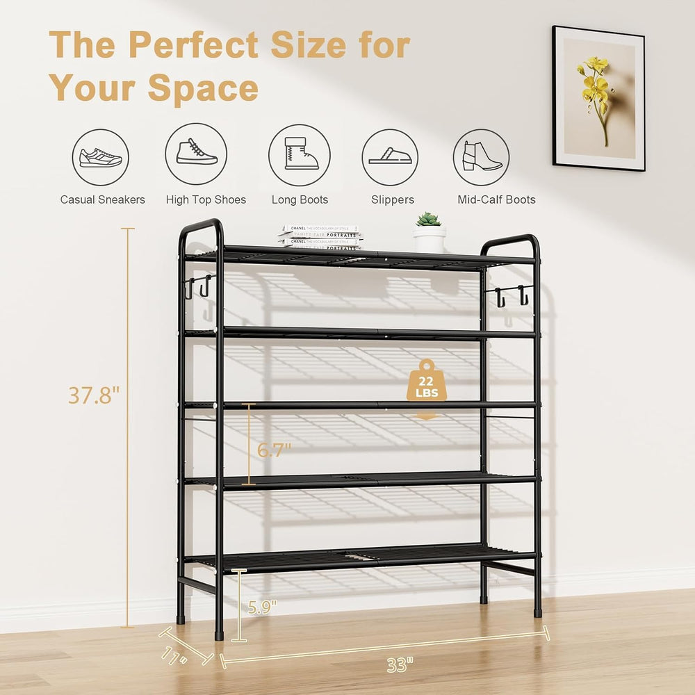 VILICK 5 Tier Shoe Rack 33" Wide Metal Shoe Organizer Long Shoe Storage ...