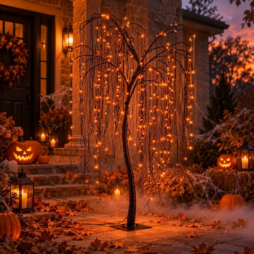 7 FT Halloween Lighted Willow Tree 256 LED Orange Lights Artificial Weeping W...