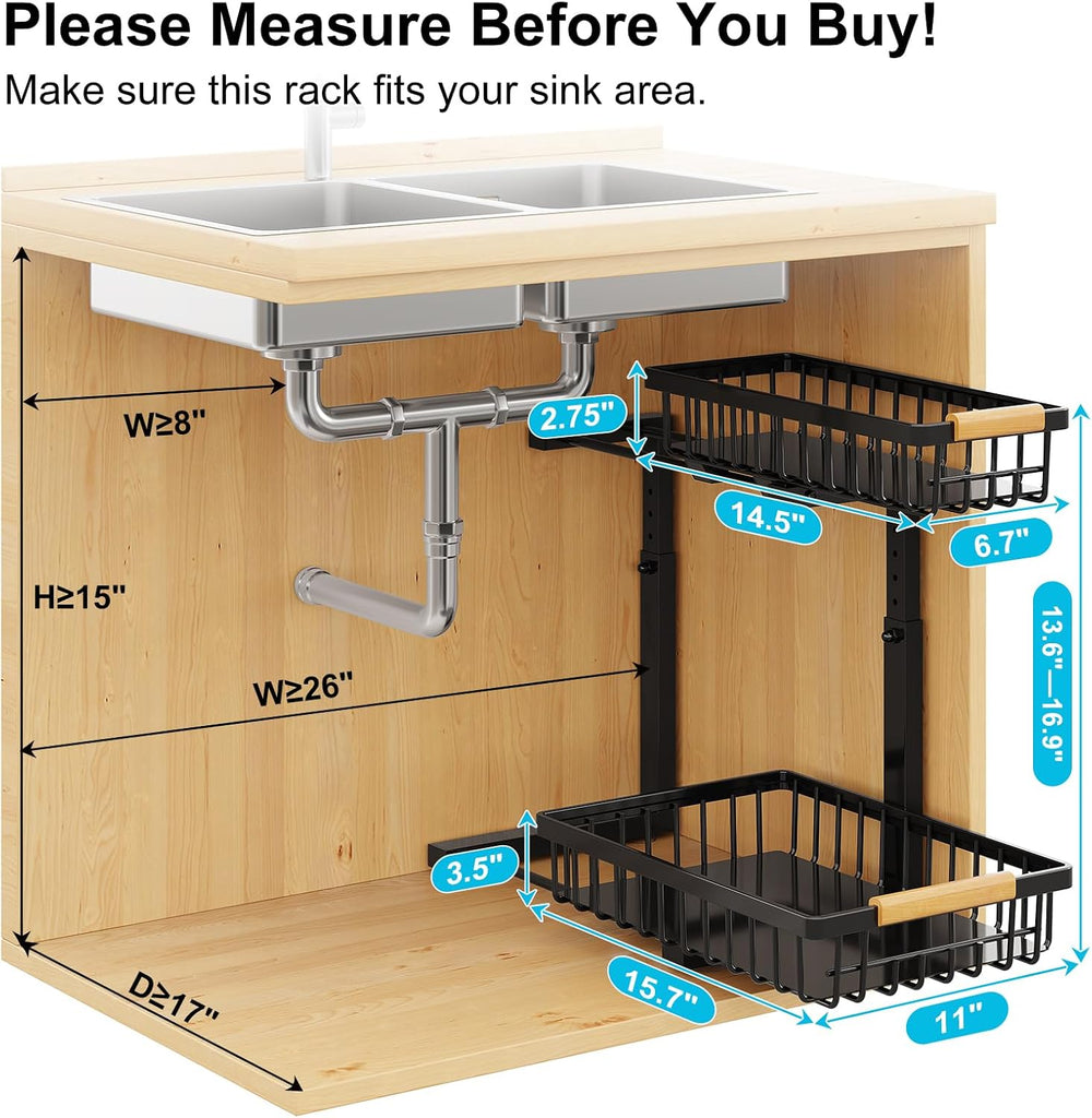 Under Sink Organizer 2 Pack,Adjustable Height 2-Tier Slide Out Drawer,Black