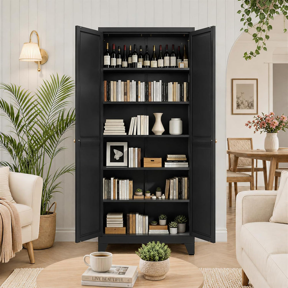 75" Metal Kitchen Pantry Cabinet with 5 Adjustable Shelves & Doors