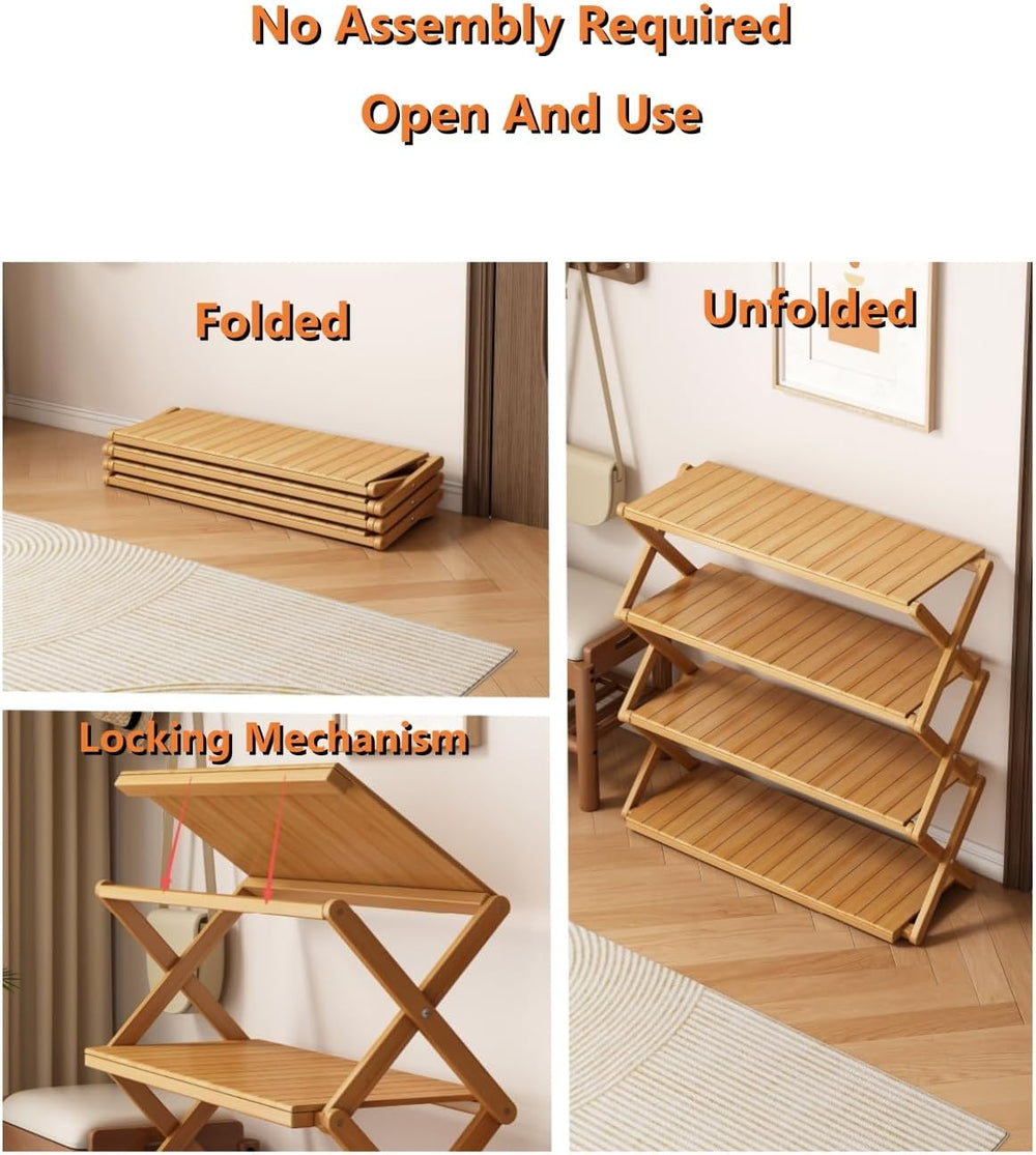 3 Tier Foldable Shoe Rack, No-Assembly Bamboo Shoe Organizer Multifunctional ...