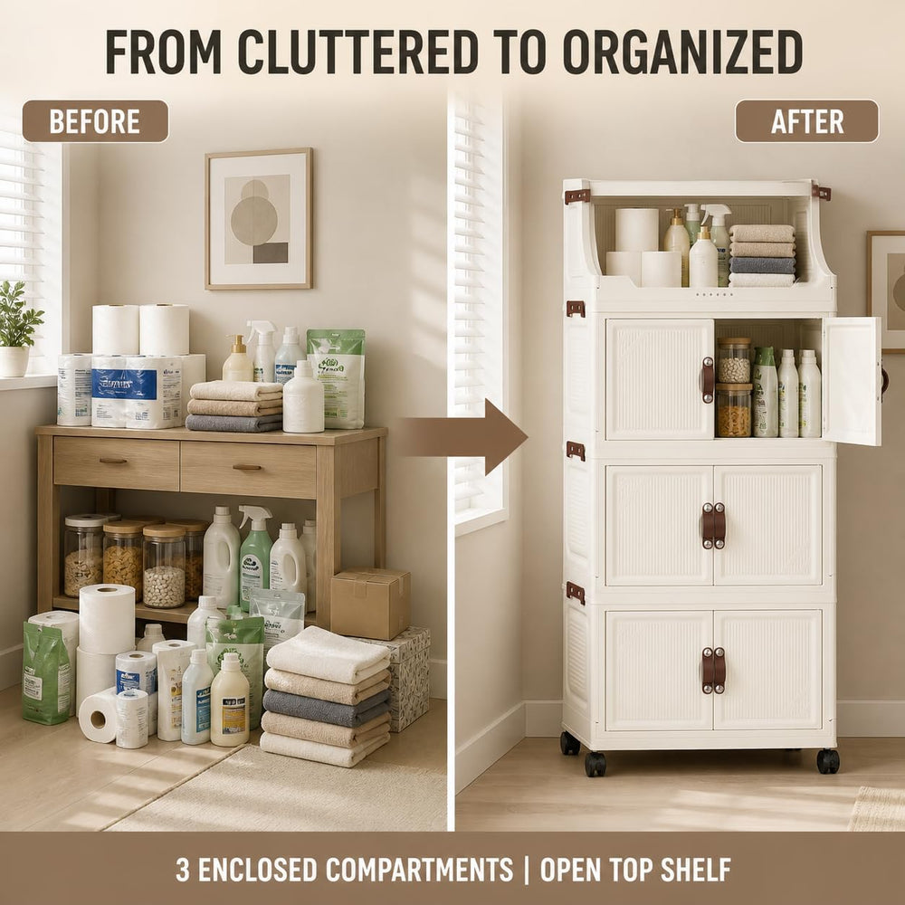174QT Stackable Storage Bins with Top Lid and Wheels, 4 Tier Foldable Storage...