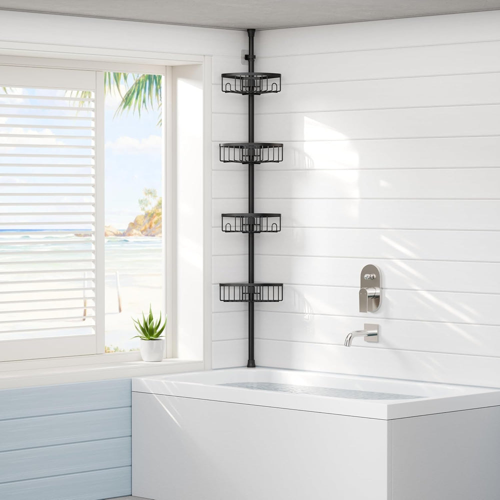 TOOLF 4 Tier Tension Pole Shower Caddy, 12 Adjustable Heights, Flat Black