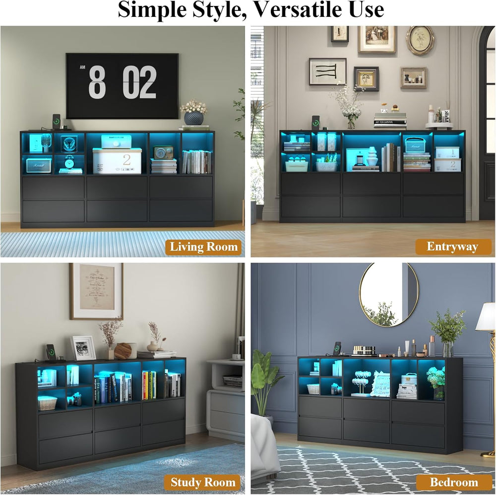Black 6 Drawers Dresser with 7 Storage Cubbies, LED Lights, Power Outlets