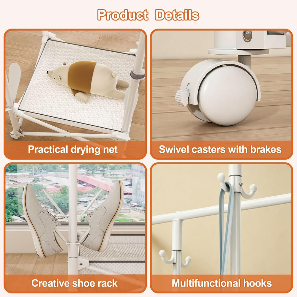 Foldable Collapsible Rolling Clothes Drying Rack,Adjustable Double Rods Laund...