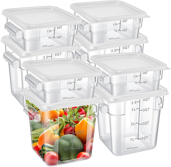 Suclain 8 Pcs Food Storage Container with Lids Set 2qt and 4qt Square Clear Commercial Containers with Scales Handles for Home Restaurant Kitchen Food Storage, Marinating Meat, Proof Dough (White)