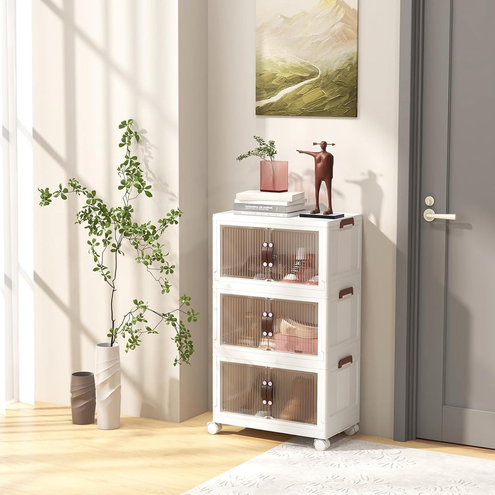 HOMGX 3 Tier Stackable Storage Bins, Collapsible Closet Organizers w/Wheels a...