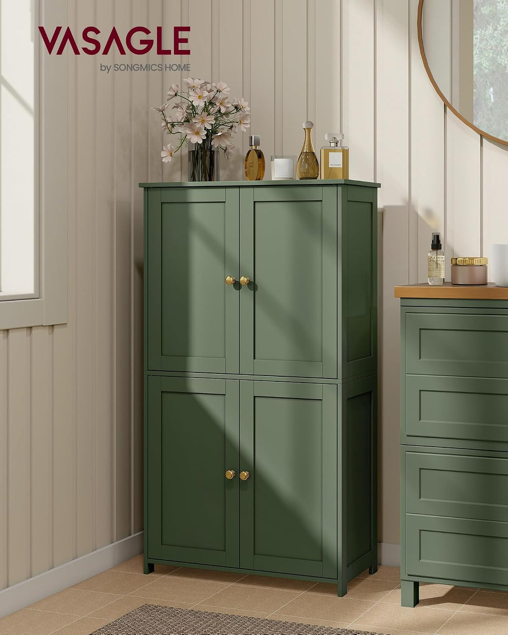 VASAGLE Bathroom Floor Storage Cabinet, 4 Doors, Forest Green