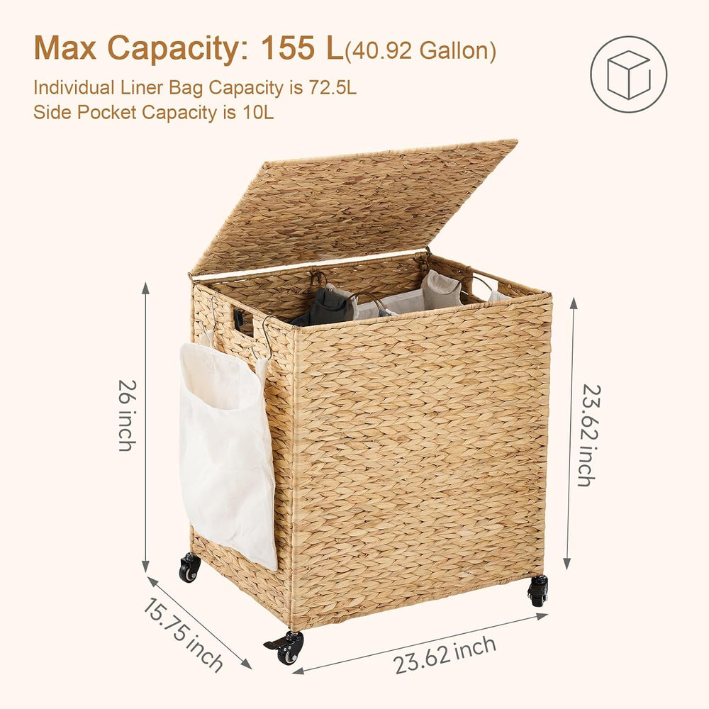 Laundry Hamper with Wheels, 40.92 Gallon(155L) Water Hyacinth Laundry Basket ...