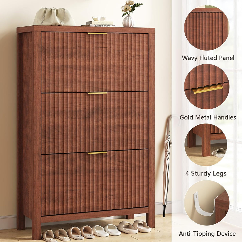 32" Fluted Shoe Cabinet Storage with 3 Flip Drawers for Entryway, Hallway