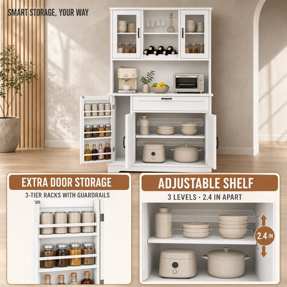 Nuturelly 68" Tall Kitchen Pantry Cabinet with Microwave Stand, White