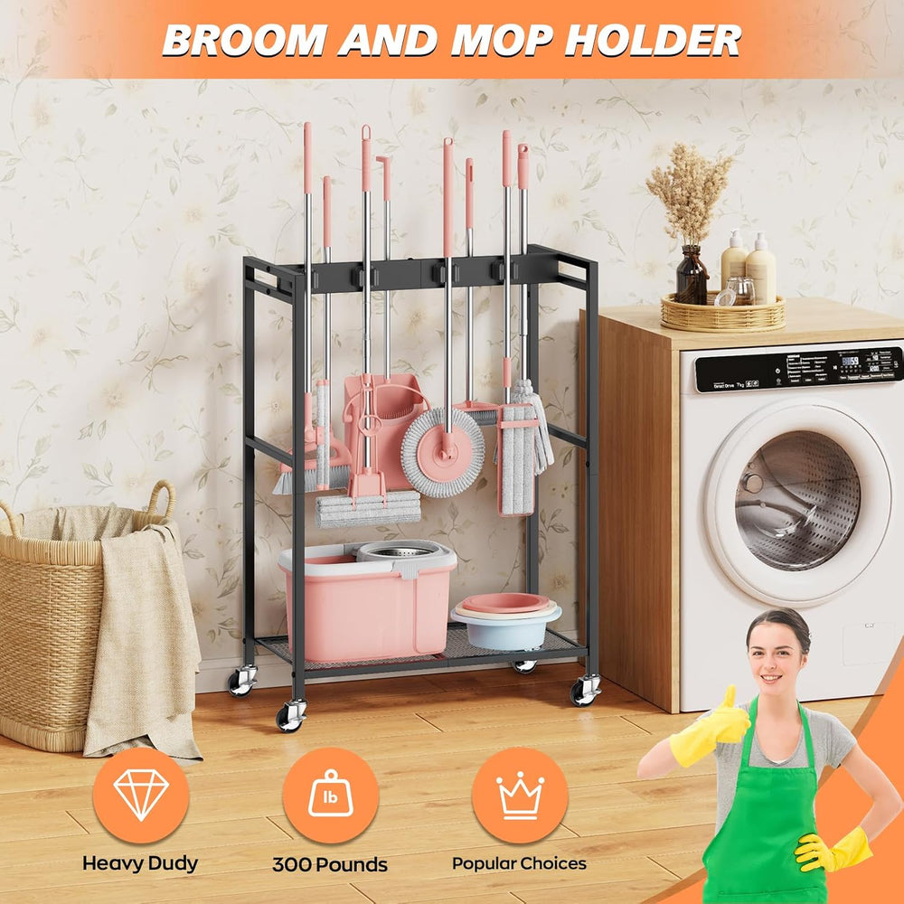 Broom and Mop Holder, MUNNAR Broom Closet Storage Cabinet, Cleaning Cart with...